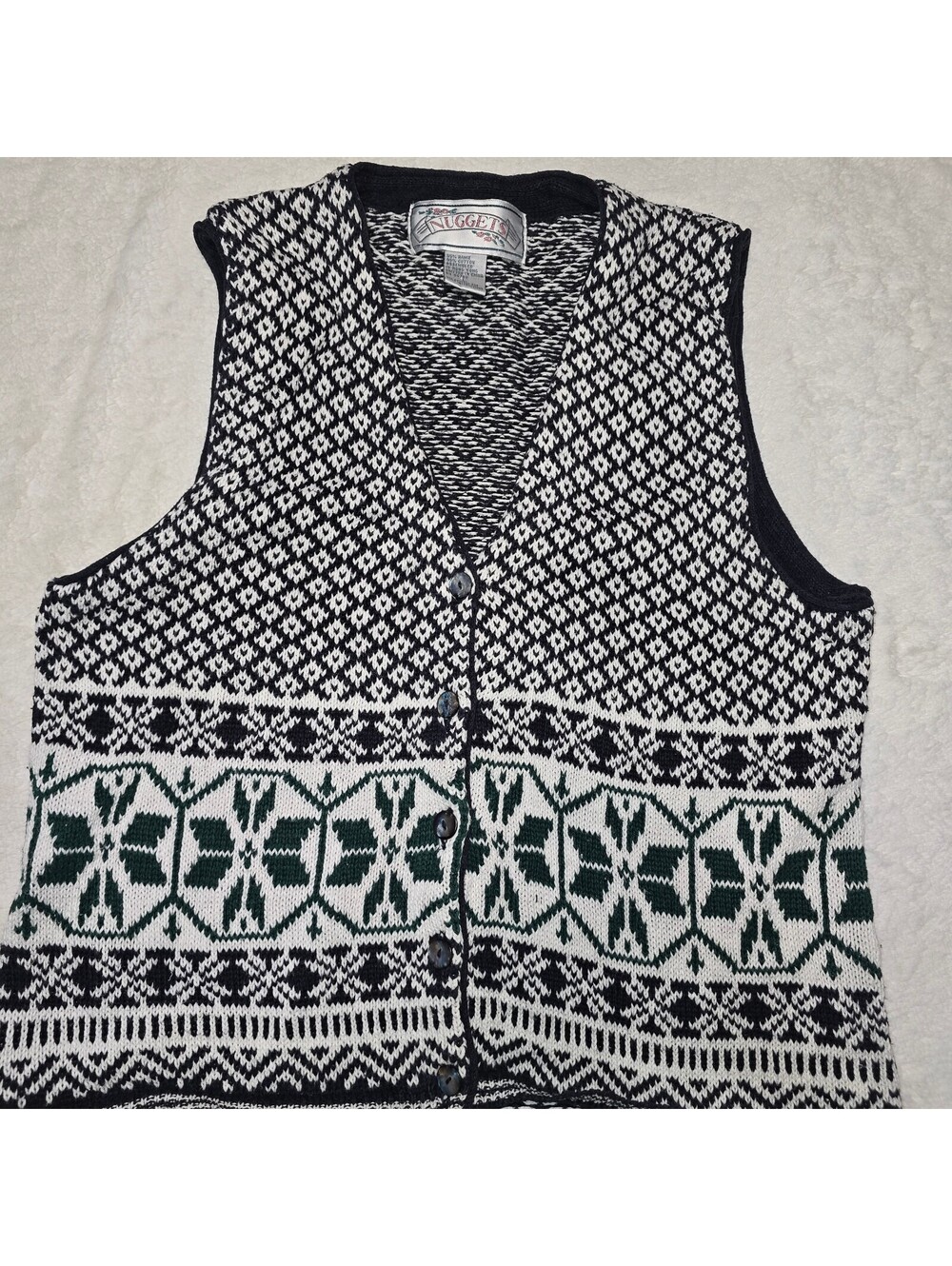Vtg Nuggets Fair Isle Sweater Vest L Ramie Cotton Cottagecore Grandpacore Green